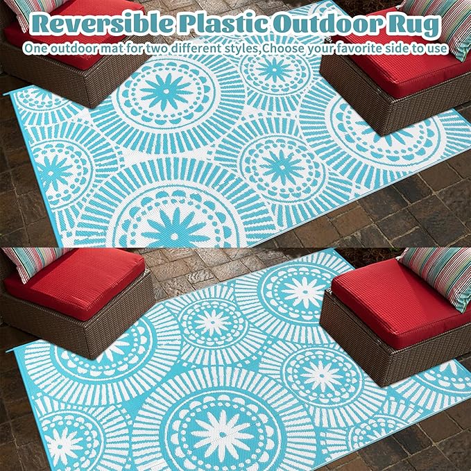 Ileading Large Plastic Outdoor Rug 8x10ft Modern Geometric Style Reversible Patio Area Rugs Waterproof Non Shedding Portable Carpets for Rv Outside Deck Pool Beach Picnic Camping (Teal)