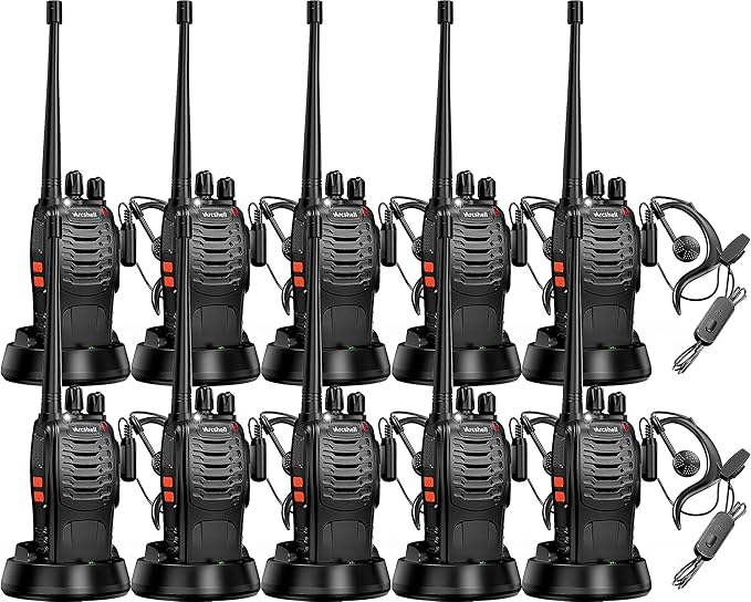 Rechargeable Long Range Two-Way Radios with Earpiece 10 Pack Arcshell AR-5 Walkie Talkies Li-ion Battery and Charger Included (10 Pack)