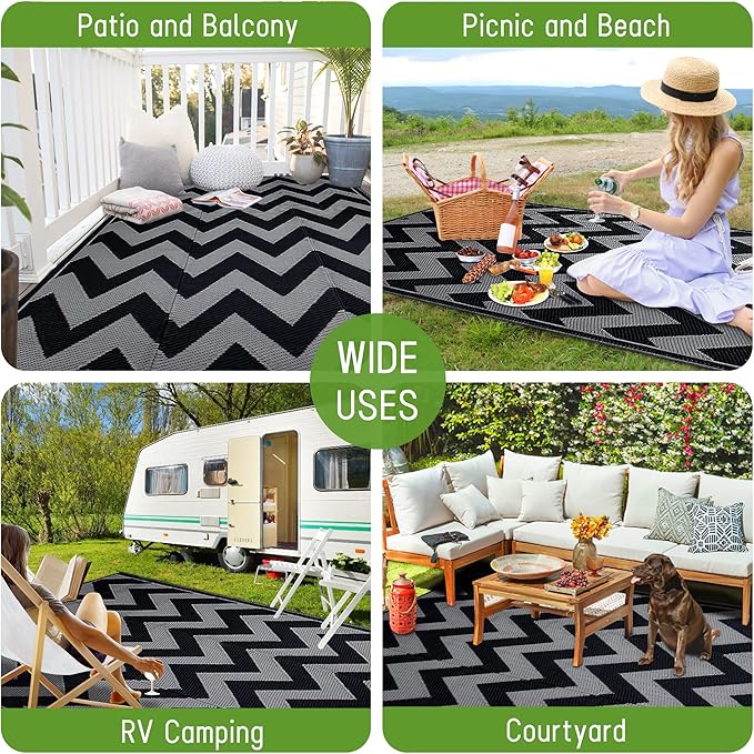 Easy-Going Reversible Outdoor Rugs 6x9ft Waterproof Plastic Straw Rug Stain & UV Resistant Floor Mat for Patio Porch RV Backyard Pool Deck Picnic Beach Trailer Camping (Waved Black & Grey)