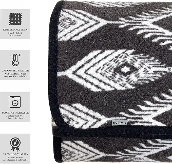 PuTian Merino Wool Blanket Camping Outdoor Blanket - 63" x 51" Bohemia Grey Great for Camping, Outdoors, Sporting Events, Survival & Emergency Kits -Super Soft Wool Blanket