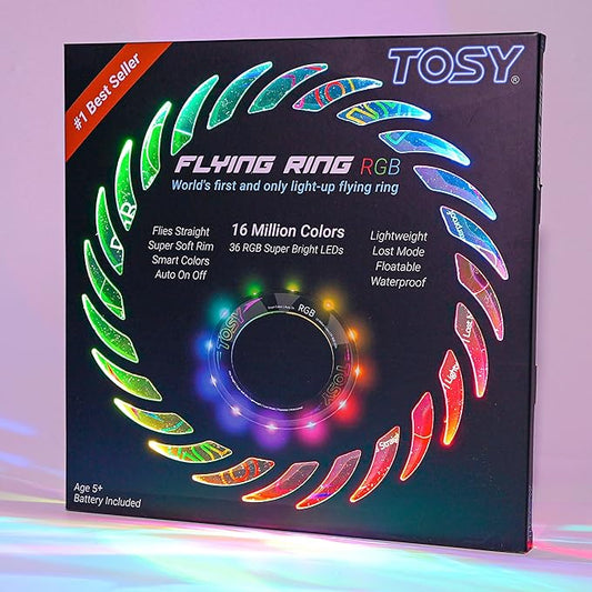 TOSY Flying Ring - 16 Million Color RGB LEDs or 12 LEDs, Super Bright, Lost Mode, Auto Light Up, Camping Essentials for Kids/Teens/Boy/Girl, Safe & Soft, Waterproof, Pool/Beach Games, Lightweight Toy