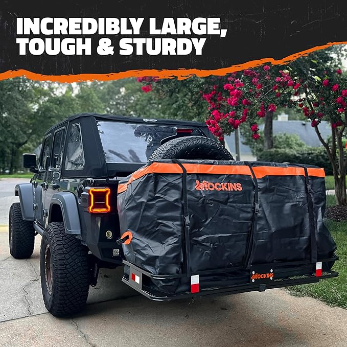 Mockins 60"x24"x6" Heavy Duty Trailer Hitch Cargo Carrier & 30 CuFt Waterproof Cargo Bag for Hitch Carrier w/ 6 Packing Cubes | Folding Luggage Rack for SUV, Car & Truck w/Basket & Bag Accessories