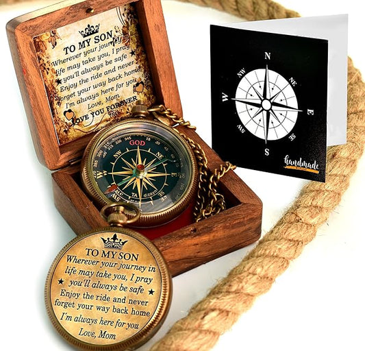 to My Son Compass with Wooden Box-Mom to Son Compass–Father to Son Gifts- to My Grandson -Graduation Day Gifts for Son-Birthday, Baptism, Graduation, Confirmation, Communion Compass for Women Men
