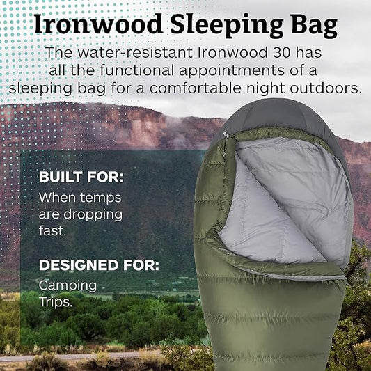 MARMOT Ironwood Mummy Sleeping Bag - 650 Fill Down, Lightweight, 30-Degree Rating, Bomber Green/Steel Onyx, Regular