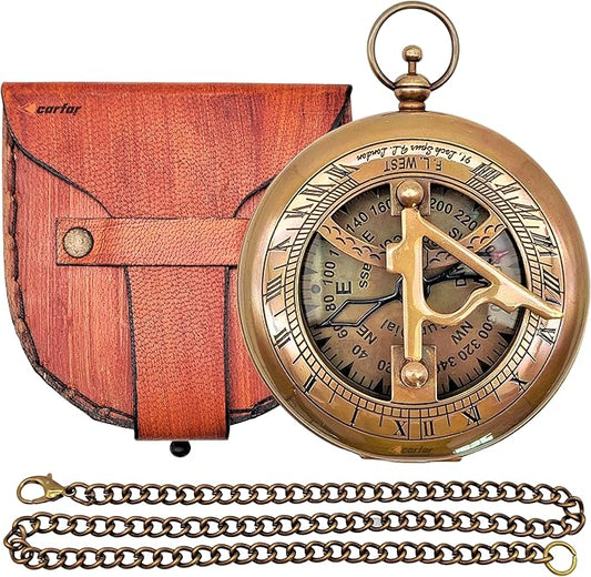Nautical Sunclock Compass Handmade Solid Brass Vintage Style Sundial Push Open Navigational Compass with Leather Gift Case Best for Your Loved Ones