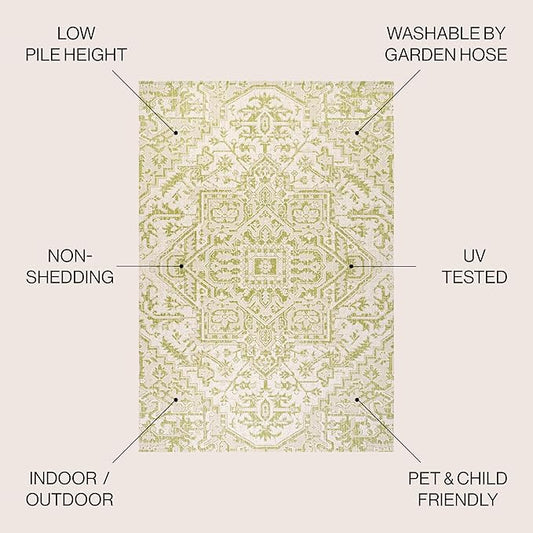 JONATHAN Y SMB105E-4 Estrella Bohemian Medallion Textured Weave Indoor Outdoor Area Rug, Coastal,Traditional,Transitional Easy Clean,Bedroom,Kitchen,Backyard,Patio, Non-Shed, Cream/Green, 4 X 6