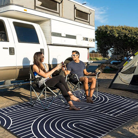 GENIMO Outdoor Rug 6'x9' Patio Waterproof, Lightweight Outdoor Plastic Straw Rug Clearance, Reversible Camping Mat Outdoor Carpet for RV, Picnic, Backyard, Deck, Balcony, Porch, Blue & White