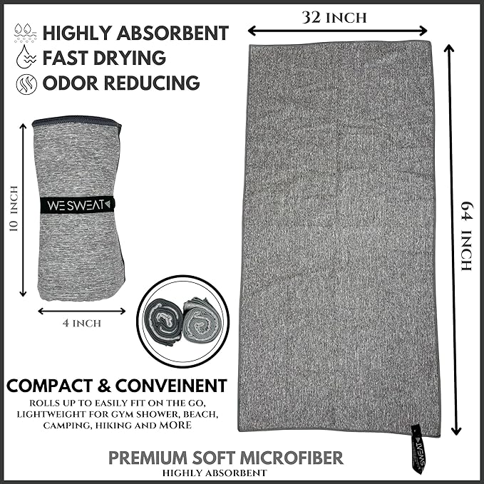 Microfiber Soft and Absorbent Gym Towels, Silver ION Odor-Free Absorbent Fiber, Fast Drying Men & Women Workout Gear for Body Sweat, Working Out, Towels, Sports Exercise Fitness Gear
