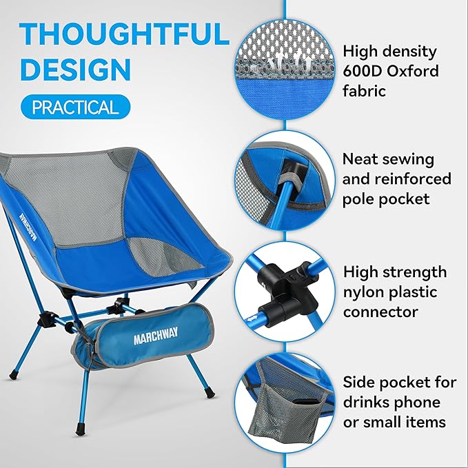MARCHWAY Ultralight Folding Camping Chair, Heavy Duty Portable Compact for Outdoor Camp, Travel, Beach, Picnic, Festival, Hiking, Lightweight Backpacking (Bright Blue)