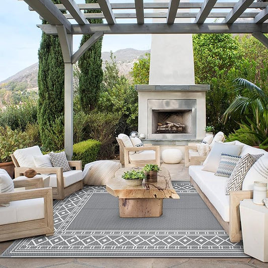 GENIMO Outdoor Rug Waterproof for Patio, 9'x12' Reversible Plastic Straw Outdoor Carpet, Camping Outside Mat for Outdoor Decor, RV, Deck, Camper, Balcony, Picnic, Grey & White