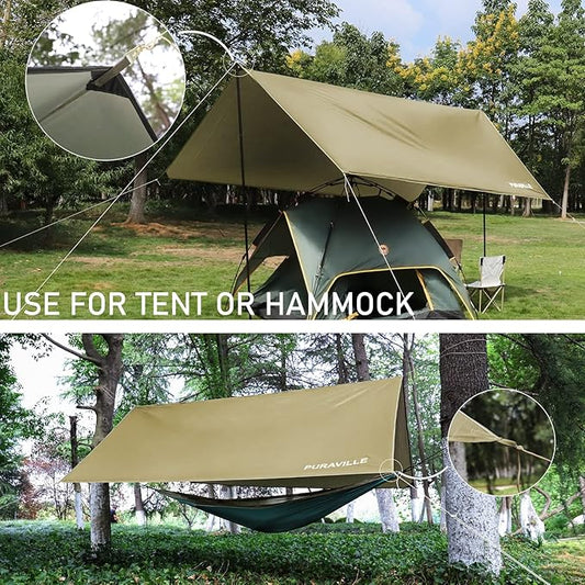 Puraville Camping Tarp Waterproof, Hammock Rain Fly Tent Tarp - 10 10 ft Rectangle Lightweight Camping Tarps, Portable Rain Fly for Camping Backpacking (Khaki)
