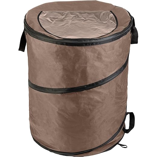 Wakeman Outdoor Trash Can - 46-Gallon Collapsible Garbage Can with 3 Stakes - Pop Up Trash Can for Camping, Storage, or Yard Waste Outdoors (Beige)