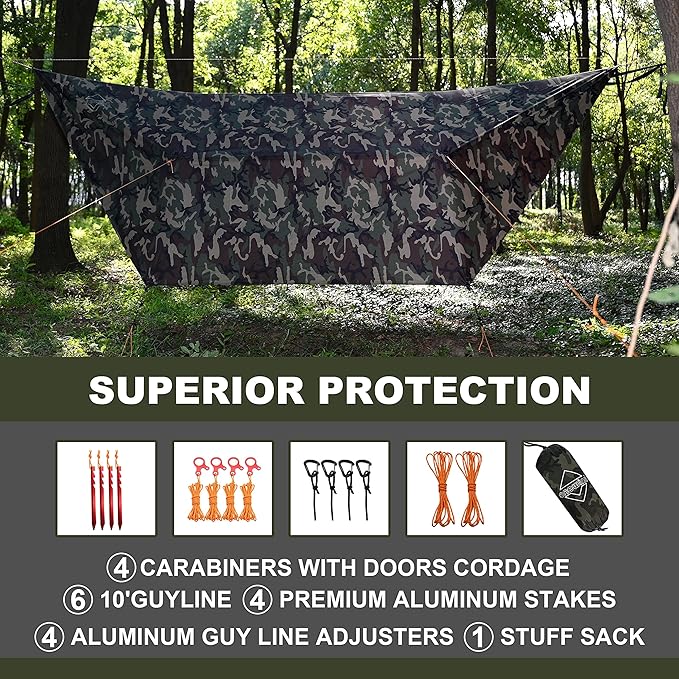 Onewind 12ft Camo Camping Tarp, Billow Tarp Shelter Lightweight and Waterproof Hammock Rainfly for Stealth Camping, Army, Military and Bushcraft, Easy to Setup with Tent Pegs and Guyline, Camouflage