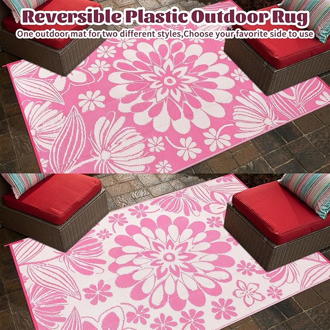 Ileading Outdoor Plastic Straw Rug 9x12ft Funny Floral Style Reversible Patio Area Rugs Waterproof Non Shedding Portable Carpets Large RV Rugs for Outside Deck Pool Beach Picnic Camping (Pink)