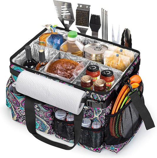 Large Grill Utensil Caddy with Paper Towel Holder, Outdoor Picnic Bag Organizer for BBQ Supplies Tool, Tailgating Accessory Basket Camping Gear Must Haves for Cook Essentials, Totem, Bag Only