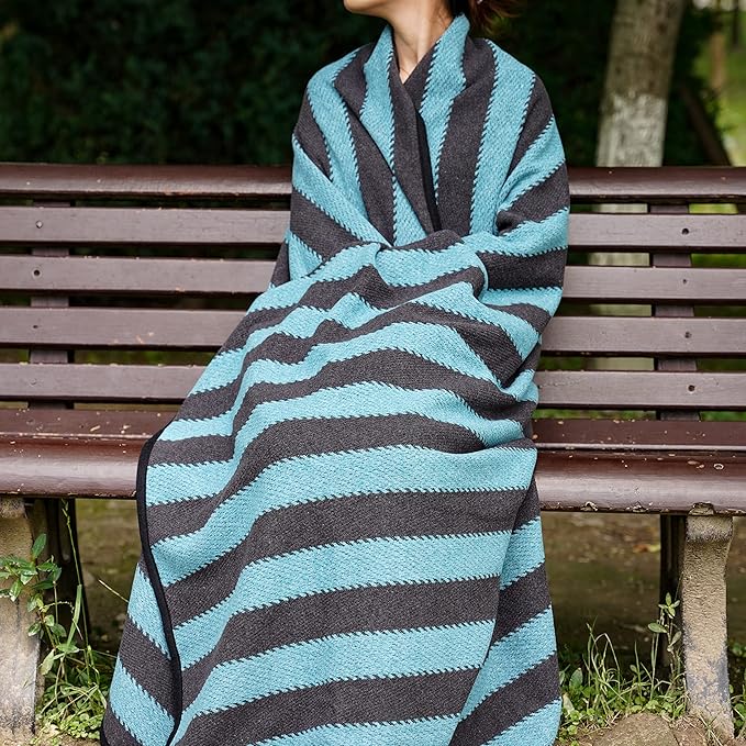 PuTian Merino Wool Blanket - 87" x 63" Thick Warm Soft Large Bed Throw - Great for Camping, Outdoors, Travel, Car, Couch, All Seasons Blue Stripe
