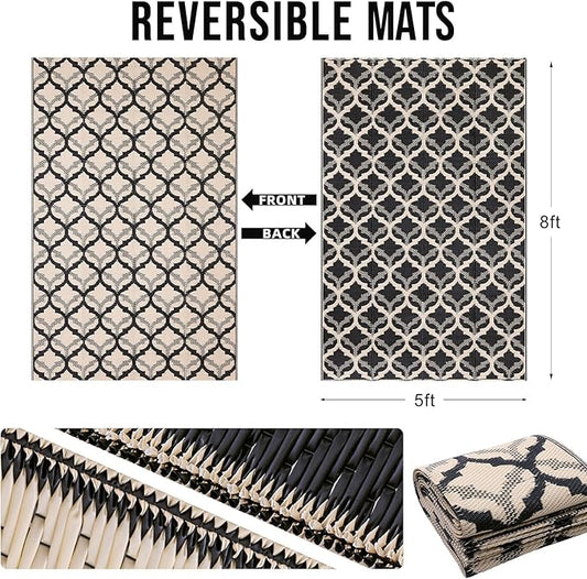 OLANLY Reversible Outdoor Rug 5x8 ft Clearance, Waterproof Outdoor Plastic Straw Rug with Interlacing Pattern, RV Mat for Patio, Camping, Balcony, Deck, Backyard, Black & Beige