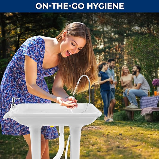 SereneLife SLCASN25 Portable Camping Sink w/Towel Holder & Soap Dispenser-30L Water Capacity Hand Wash Basin Stand w/Rolling Wheels-for Outdoor Events, Gatherings, Worksite & Camping