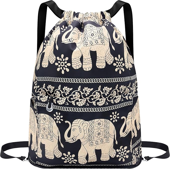 Drawstring Backpack Sports Yoga Sackpack for Women Men Waterproof Nylon Gym Sack DayPack with Multi Pockets (Elephant)
