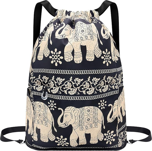 Drawstring Backpack Sports Yoga Sackpack for Women Men Waterproof Nylon Gym Sack DayPack with Multi Pockets (Elephant)