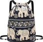 Drawstring Backpack Sports Yoga Sackpack for Women Men Waterproof Nylon Gym Sack DayPack with Multi Pockets (Elephant)