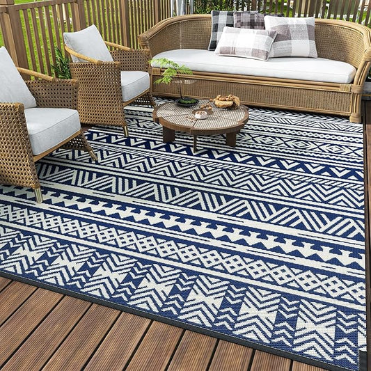 MontVoo Outdoor Rug Carpet Waterproof 6x9 Outdoor Patio Rug Mat Reverisble Plastic Straw Outdoor Rug for RV Camping Picnic Beach Balcony Boho Navy Blue