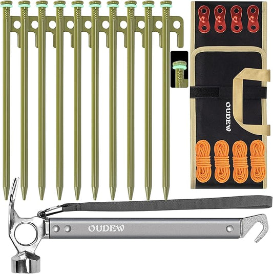 Tent Stakes and Hammer Set,10pcs 10 in Heavy Duty Metal Tent Stakes + 12in Camping Hammer + Reflective Camping Rope + Storage Bag,Camping Accessories for Ground,Camp and Graden(ArmyGreen)