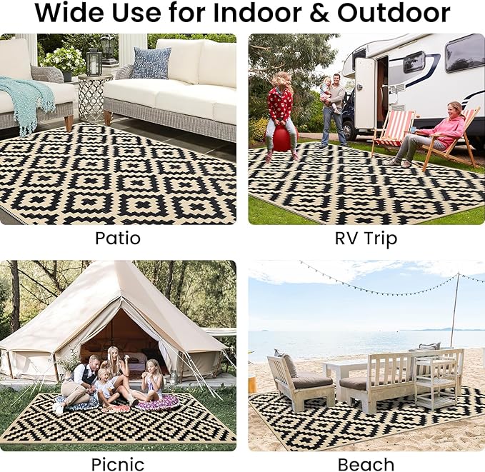 Smiry Waterproof Outdoor Rug 4x6 ft, Reversible Plastic Straw Patio Camping Rugs, Outdoor Indoor RV Mat Carpet for Patio, Outside Entry, Backyard, Deck, Bench, Picnic, Camper, Black & Beige