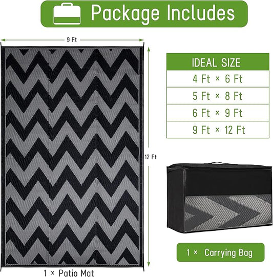 Easy-Going Reversible Outdoor Rugs 9x12ft Waterproof Plastic Straw Rug Stain & UV Resistant Floor Mat for Patio Porch RV Backyard Pool Deck Picnic Beach Trailer Camping (Waved Black & Grey)