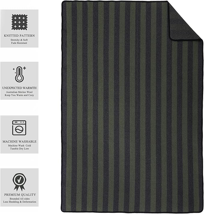 PuTian Merino Wool Blanket - 87" x 63" Thick Warm Soft Large Bed Throw - Great for Camping, Outdoors, Travel, Car, Couch, All Weather Green Stripe