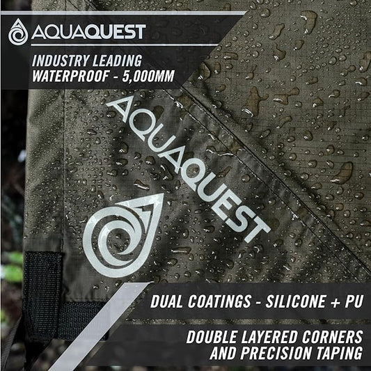 AquaQuest Safari Camping Tarp - Lightweight Durable Rain Fly - Waterproof Camping Essentials for Hiking, Backpacking & Hammock, 10 x 7 ft, Olive Drab Kit