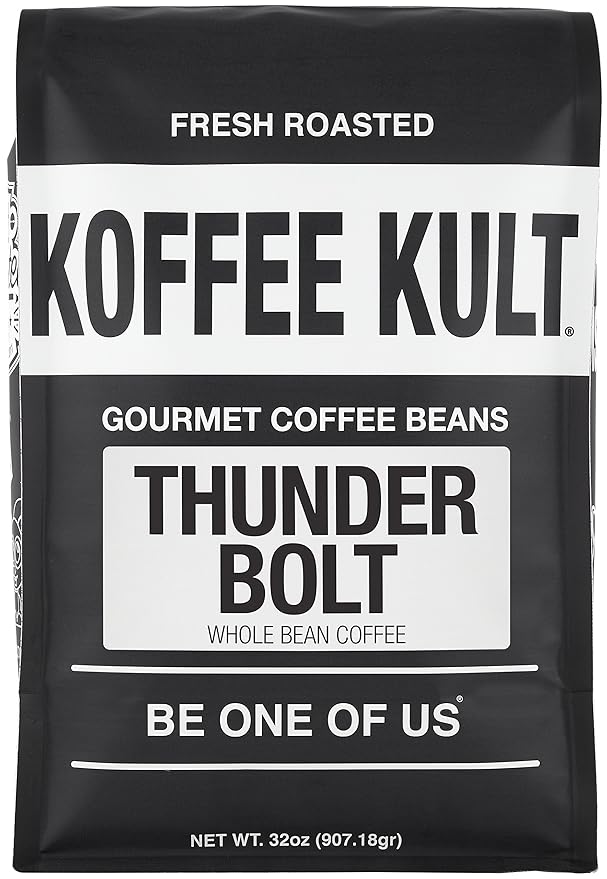 Koffee Kult Thunder Bolt Dark French Roast Whole Bean Coffee Small Batch 100% Arabica Gourmet Blend, Bold and Well Balanced 32oz Resealable Package