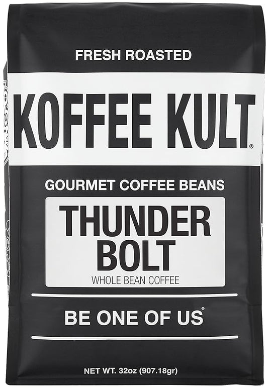 Koffee Kult Thunder Bolt Dark French Roast Whole Bean Coffee Small Batch 100% Arabica Gourmet Blend, Bold and Well Balanced 32oz Resealable Package