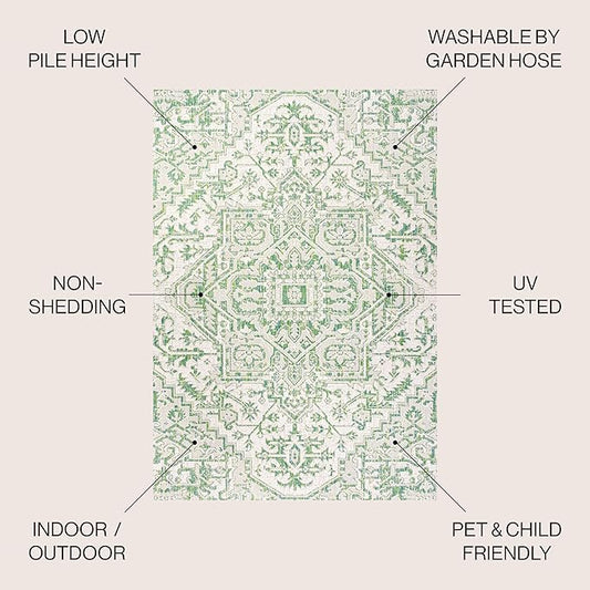 JONATHAN Y SMB105G-5 Estrella Bohemian Medallion Textured Weave Indoor Outdoor Area-Rug, Coastal Traditional Easy-Cleaning,Bedroom,Kitchen,Backyard,Patio,Non Shedding, 5 X 8, Green/Cream