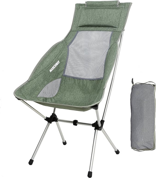 MARCHWAY Lightweight Folding High Back Camping Chair with Headrest, Portable Compact for Outdoor Camp, Travel, Picnic, Festival, Hiking, Backpacking (Highback Green)