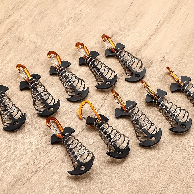 TOBWOLF 10PCS Black Fishbone Deck Anchor Pegs with Carabiners, Aluminium Deck Tie Down Tent Stakes, Windproof Tent Rope Tighteners with Spring Buckle, Outdoor Camping Hiking Cord Adjuster Tensioners