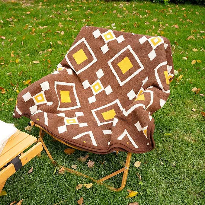 PuTian Merino Wool Blanket - Warm Thick Washable 87" x 63" Large Throw for Outdoors Camping Couch Bed Trave, Brown Check