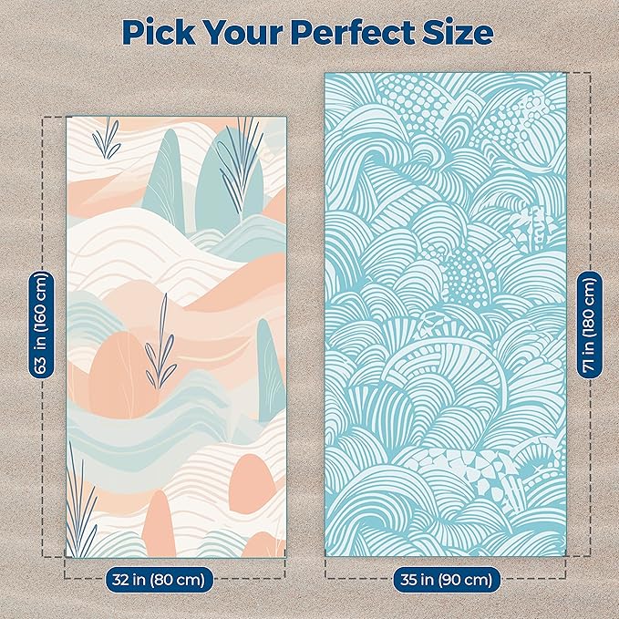 Microfiber Beach Towels - Soft & Lightweight - Absorbent, Quick Dry, Sand Free - Perfect for Beach, Pool, Travel, Camping, Yoga, Picnic - Matching Travel Bag - XL - Tidal Symphony