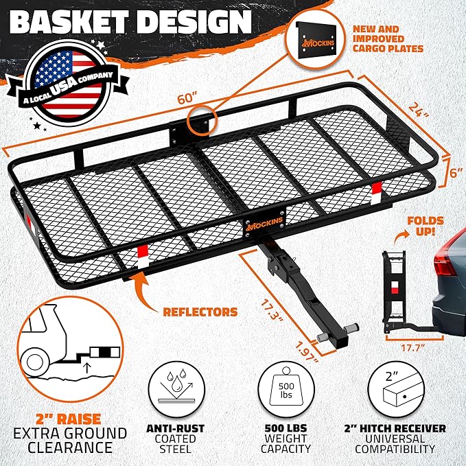 Mockins 60"x24"x6" Heavy Duty Trailer Hitch Cargo Carrier & 30 CuFt Waterproof Cargo Bag for Hitch Carrier w/ 6 Packing Cubes | Folding Luggage Rack for SUV, Car & Truck w/Basket & Bag Accessories