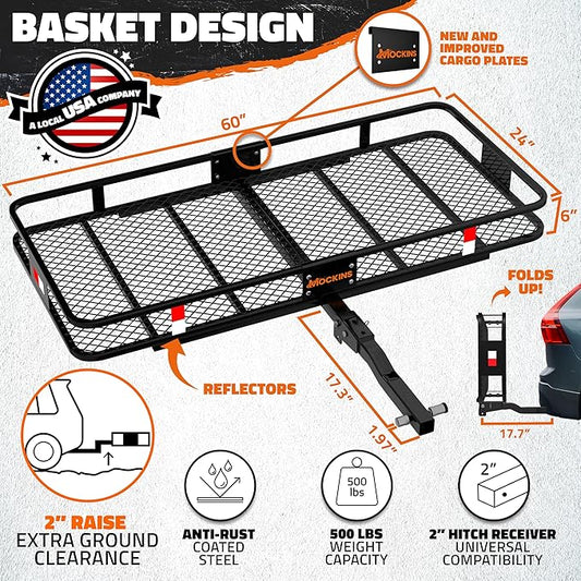 Mockins 60"x24"x6" Heavy Duty Trailer Hitch Cargo Carrier & 30 CuFt Waterproof Cargo Bag for Hitch Carrier w/ 6 Packing Cubes | Folding Luggage Rack for SUV, Car & Truck w/Basket & Bag Accessories