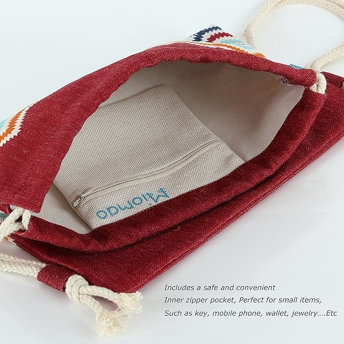 Drawstring Backpack Bohemia Style String Bag Canvas Beach Sport Daypack