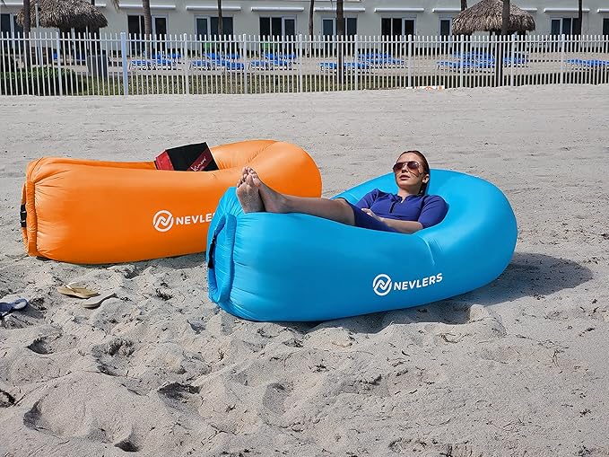 Nevlers 2 Pack Inflatable Loungers Air Sofa Couch | Perfect for Beach Chair Camping Chairs or Portable Hammock |Travel Bag Pouch, Pegs & 3 Pockets| Movie Seating & Camping Accessories Blow Up Lounger