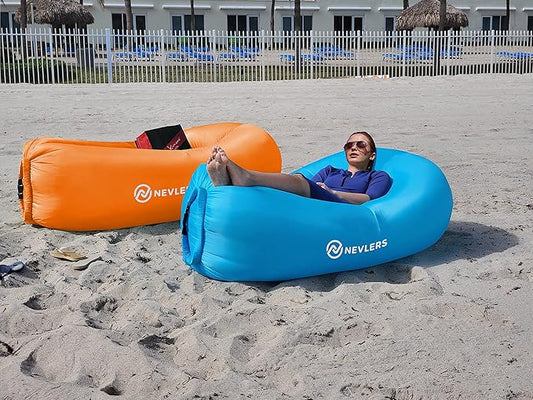 Nevlers 2 Pack Inflatable Loungers Air Sofa Couch | Perfect for Beach Chair Camping Chairs or Portable Hammock |Travel Bag Pouch, Pegs & 3 Pockets| Movie Seating & Camping Accessories Blow Up Lounger