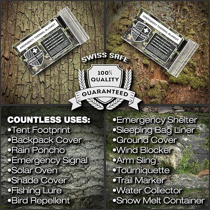 Swiss Safe Emergency Mylar Thermal Blankets + Bonus Space Blanket - Compact & Insulated for Cold Weather - Designed for NASA, Outdoor Camping, Survival, First Aid Car Kit - Woodland Camo, 4 Pack