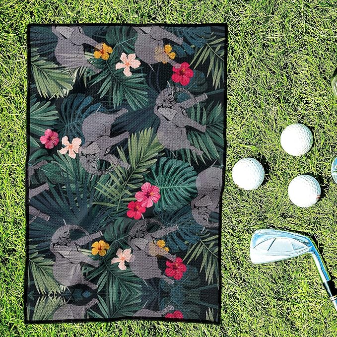 Microfiber Golf Towel Tropical Rainforest Elephant with Palm Leaves Quick-Drying Portable Towel for Yoga Workout & Golf Sport