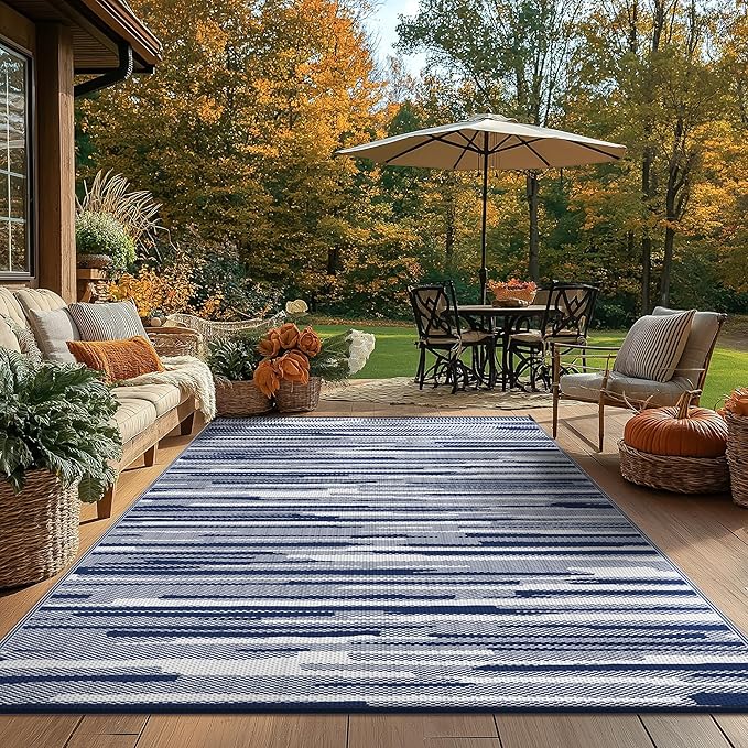 GENIMO Outdoor Rug for Patio Clearance, 9'x12' Waterproof Camping Mat, Reversible Plastic Straw Rugs for RV, Camper, Balcony, Backyard, Picnic, Deck (Blue White)