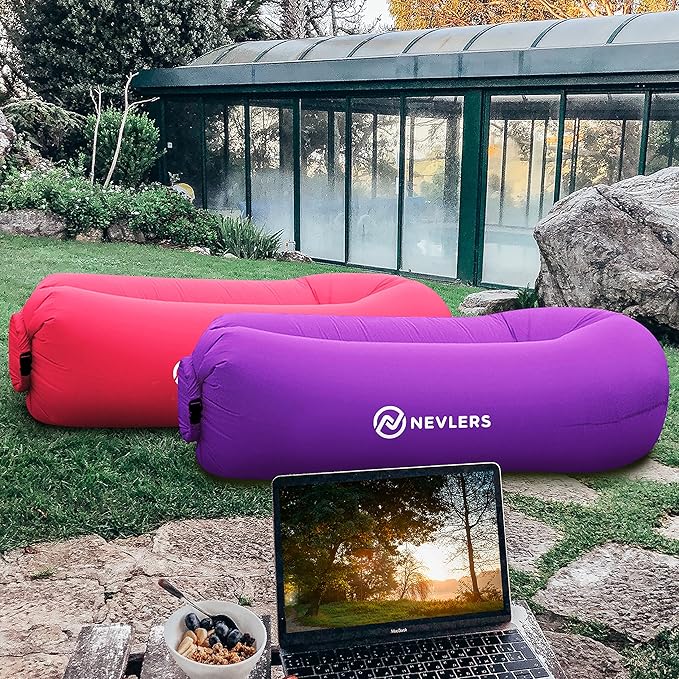 Nevlers 2 Pack Inflatable Loungers Air Sofa Couch | Perfect for Beach Chair Camping Chairs or Portable Hammock |Travel Bag Pouch, Pegs & 3 Pockets| Movie Seating & Camping Accessories Blow Up Lounger