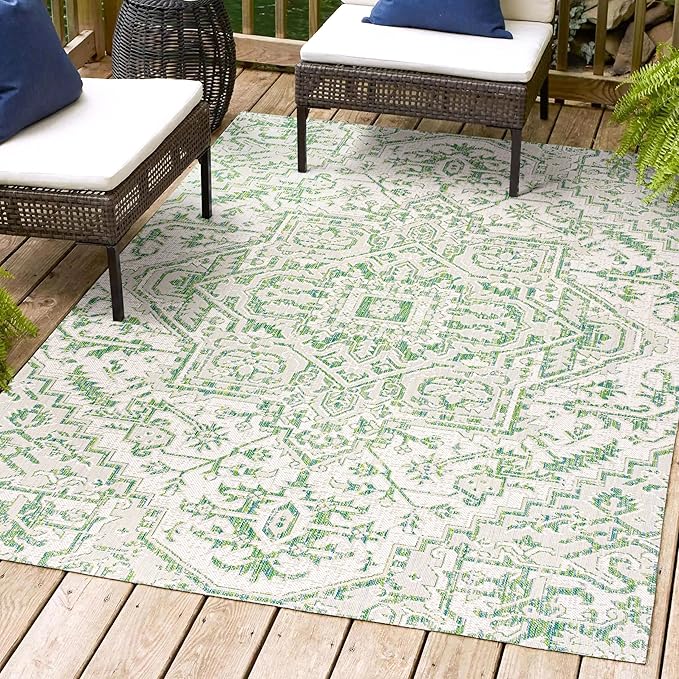 JONATHAN Y SMB105G-5 Estrella Bohemian Medallion Textured Weave Indoor Outdoor Area-Rug, Coastal Traditional Easy-Cleaning,Bedroom,Kitchen,Backyard,Patio,Non Shedding, 5 X 8, Green/Cream