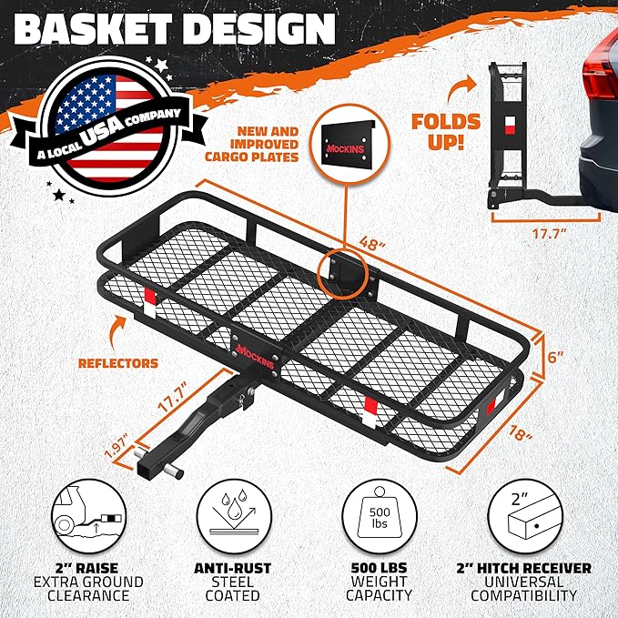 Mockins 48"x18"x6" Heavy Duty Trailer Hitch Cargo Carrier & 15CuFt Waterproof Cargo Bag for Hitch Carrier w/ 4 Packing Cubes | Folding Luggage Rack for SUV/Car & Cargo Carrier Hitch Mount Accessories