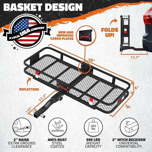 Mockins 48"x18"x6" Heavy Duty Trailer Hitch Cargo Carrier & 15CuFt Waterproof Cargo Bag for Hitch Carrier w/ 4 Packing Cubes | Folding Luggage Rack for SUV/Car & Cargo Carrier Hitch Mount Accessories